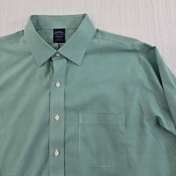 Brooks Brothers Shirt Size 17 1/2 x 34/35 Green Check Spread Collar EUC Non-Iron - Picture 6 of 15
